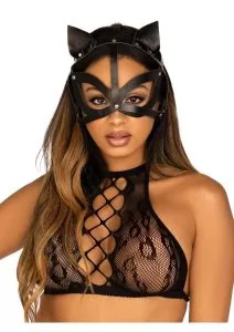 Leg Avenue Vegan Leather Studded Cat Mask - O/S - Black