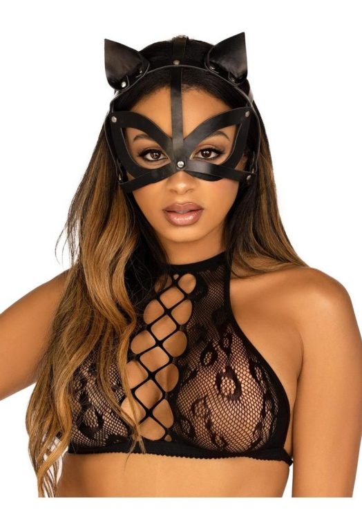 Leg Avenue Vegan Leather Studded Cat Mask - O/S - Black