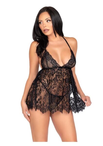 Leg Avenue Floral Lace Babydoll with Eyelash Lace Scalloped Hem Adjustable Cross-Over Straps and G-String Panty - Medium - Black