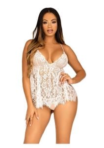 Leg Avenue Floral Lace Babydoll with Eyelash Lace Scalloped Hem Adjustable Cross-Over Straps and G-String Panty - Small - White