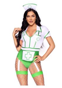 Leg Avenue Nurse Feelgood Snap Crotch Garter Bodysuit with Attached Apron and Hat Headband (2 Piece) - Medium - Green/White
