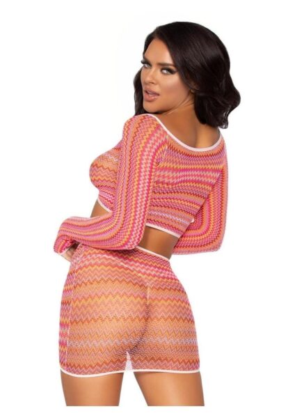 Leg Avenue Zig Zag Net Gauntlet Sleeve Crop Top and Mini Skirt (2 Piece) - O/S - Pink