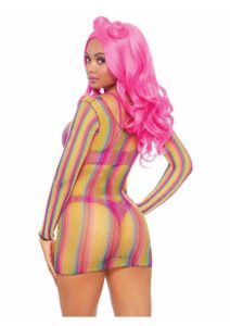 Rainbow Fishnet Long Sleeve Mini Dress - O/S - Multicolor