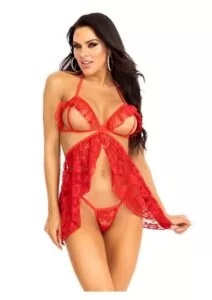 Leg Avenue Lace Flyaway Babydoll with Ruffle Peek-A-Boo Cups and Lace G-String (2 Piece) - Medium - Red