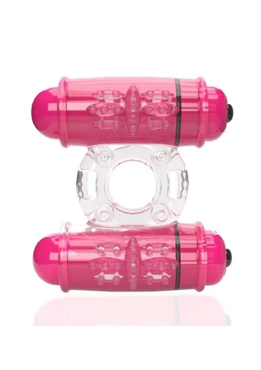 4B Double Wammy Silicone Rechargeable Dual Vibrating Couples Cock Ring - Strawberry