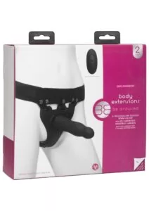 Body Extensions Be Aroused Silicone Strap-On Rechargeable Vibrating Harness with Slim Dildo and Remote 7in - 2 piece set - Black