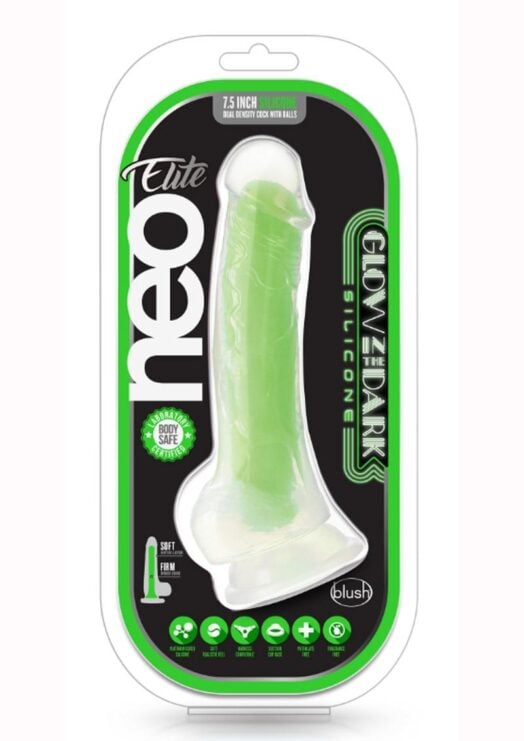 Neo Elite Glow in the Dark Dildo with Balls 7.5in - Green