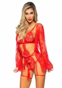 Lace Robe and Ribbon Tie (3 pieces) - Large - Red