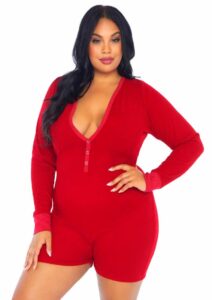 Leg Avenue Brushed Rib Romper Long Johns with Cheeky Snap Closure Back Flap - 3X/4X - Red