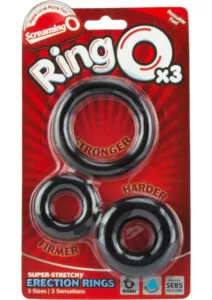 RingO x3 Cock Rings (3 sizes per pack) - Black (6 packs per counter display)