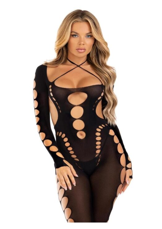 Leg Avenue Seamless Opaque Cut-Out Footless Bodystocking - O/S - Black