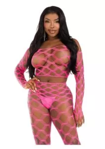 Leg Avenue Hardcore Net Crop Top and Footless Tights (2 Piece) - O/S - Neon Pink