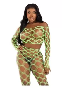 Leg Avenue Hardcore Net Crop Top and Footless Tights (2 Piece) - O/S - Neon Green