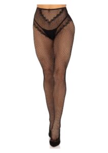 Leg Avenue French Cut Crotchless Fishnet Tights with Heart Backseam and Faux Lace Up Back - O/S - Black